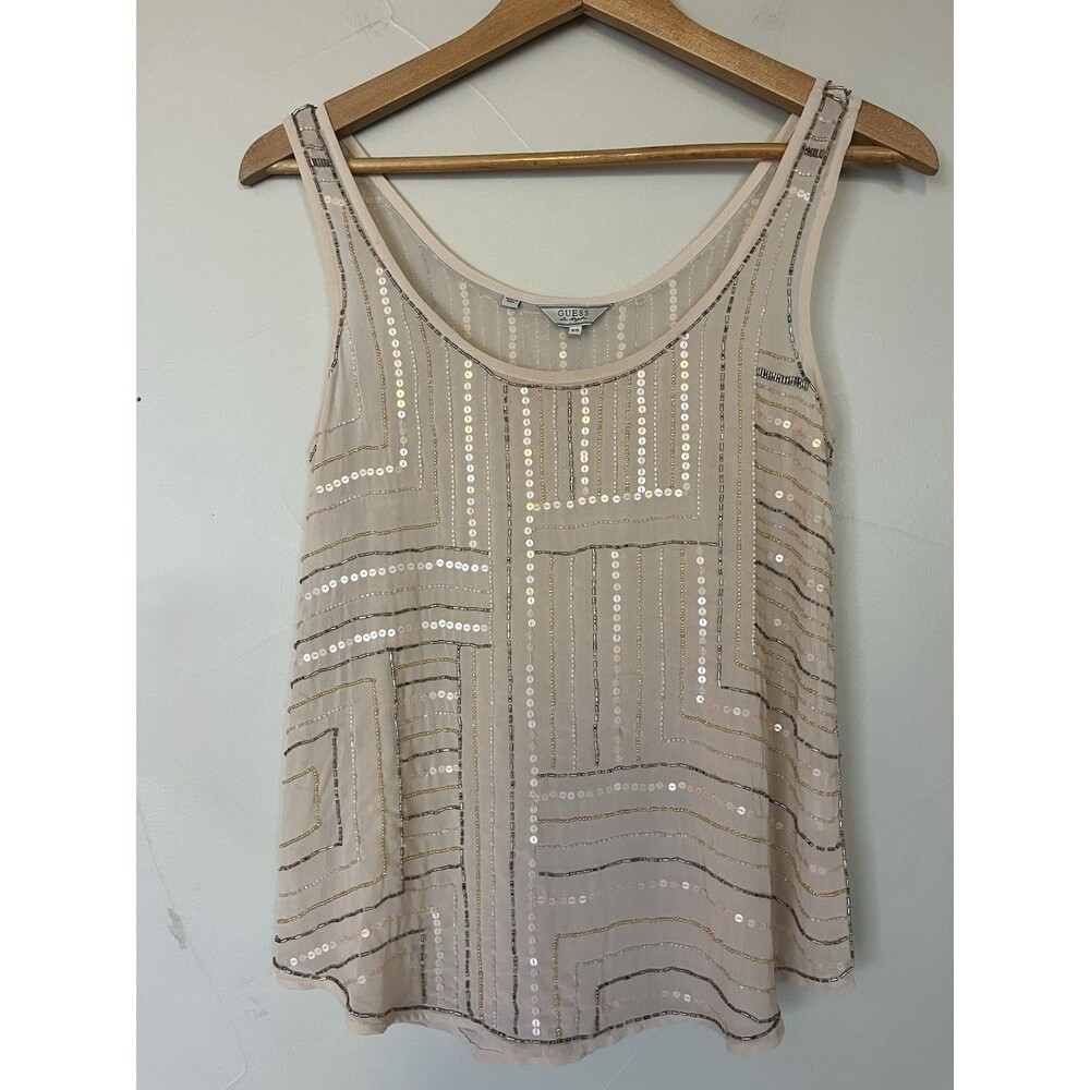 Guess Beaded Sequined Chiffon‎ Tank Camisole Pale Pink, XS